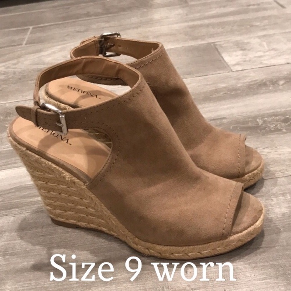 Taupe Peep wedges. Bought and tried on.